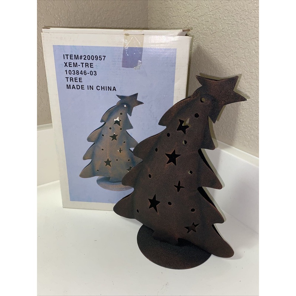 Vintage Rustic Metal Art Tea Light Candle Holder Christmas Tree Stars 9.5” w/Box
